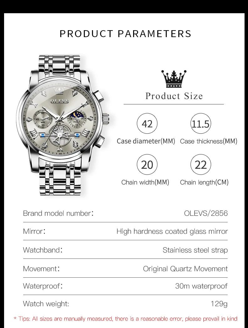 Gold Otto OLEVS Men's Classic Chronograph Moon Phase Quartz Wristwatch – Waterproof Luxury