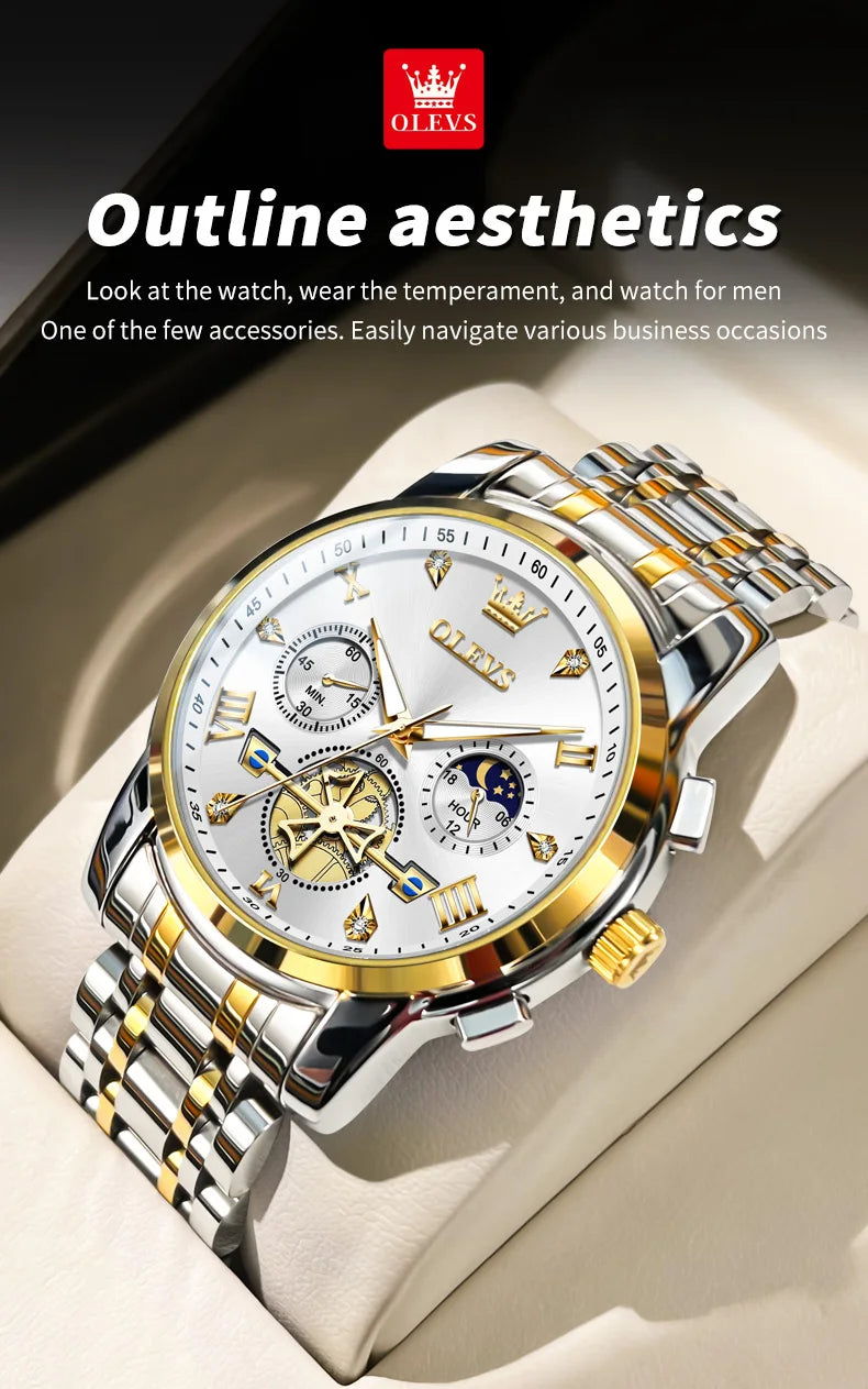 Gold Otto OLEVS Men's Classic Chronograph Moon Phase Quartz Wristwatch – Waterproof Luxury