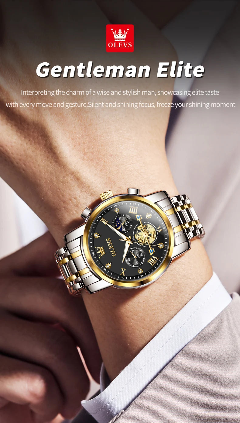 Gold Otto OLEVS Men's Classic Chronograph Moon Phase Quartz Wristwatch – Waterproof Luxury