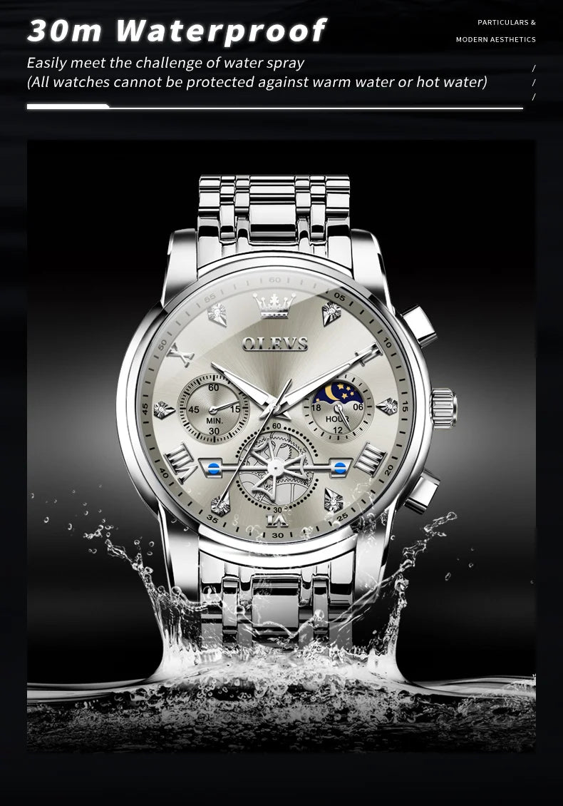 Gold Otto OLEVS Men's Classic Chronograph Moon Phase Quartz Wristwatch – Waterproof Luxury