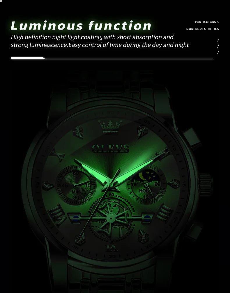 Gold Otto OLEVS Men's Classic Chronograph Moon Phase Quartz Wristwatch – Waterproof Luxury