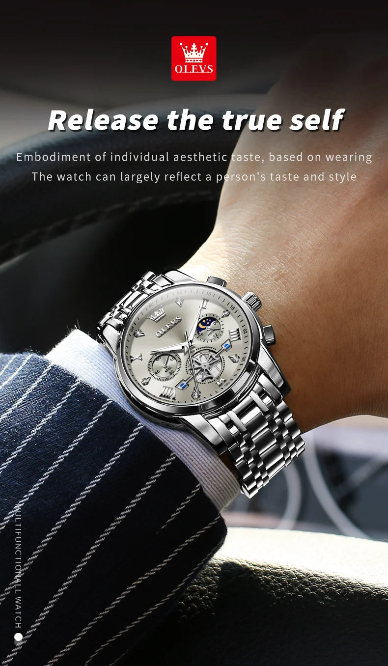 Gold Otto OLEVS Men's Classic Chronograph Moon Phase Quartz Wristwatch – Waterproof Luxury