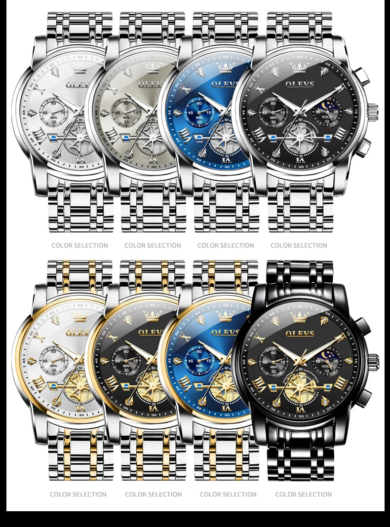 Gold Otto OLEVS Men's Classic Chronograph Moon Phase Quartz Wristwatch – Waterproof Luxury