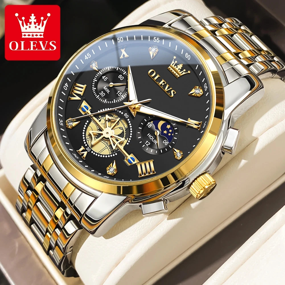 Gold Otto OLEVS Men's Classic Chronograph Moon Phase Quartz Wristwatch – Waterproof Luxury