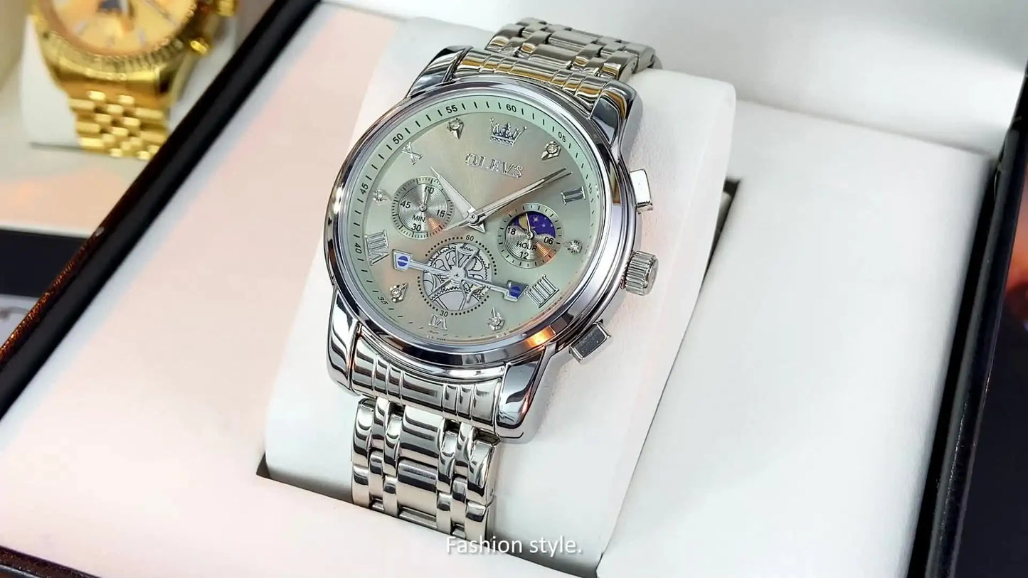 Gold Otto OLEVS Men's Classic Chronograph Moon Phase Quartz Wristwatch – Waterproof Luxury
