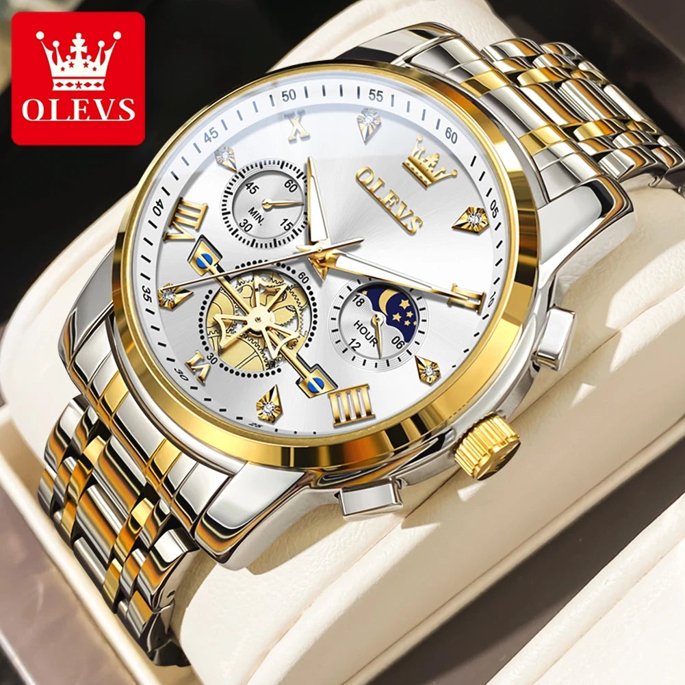 Gold Otto OLEVS Men's Classic Chronograph Moon Phase Quartz Wristwatch – Waterproof Luxury