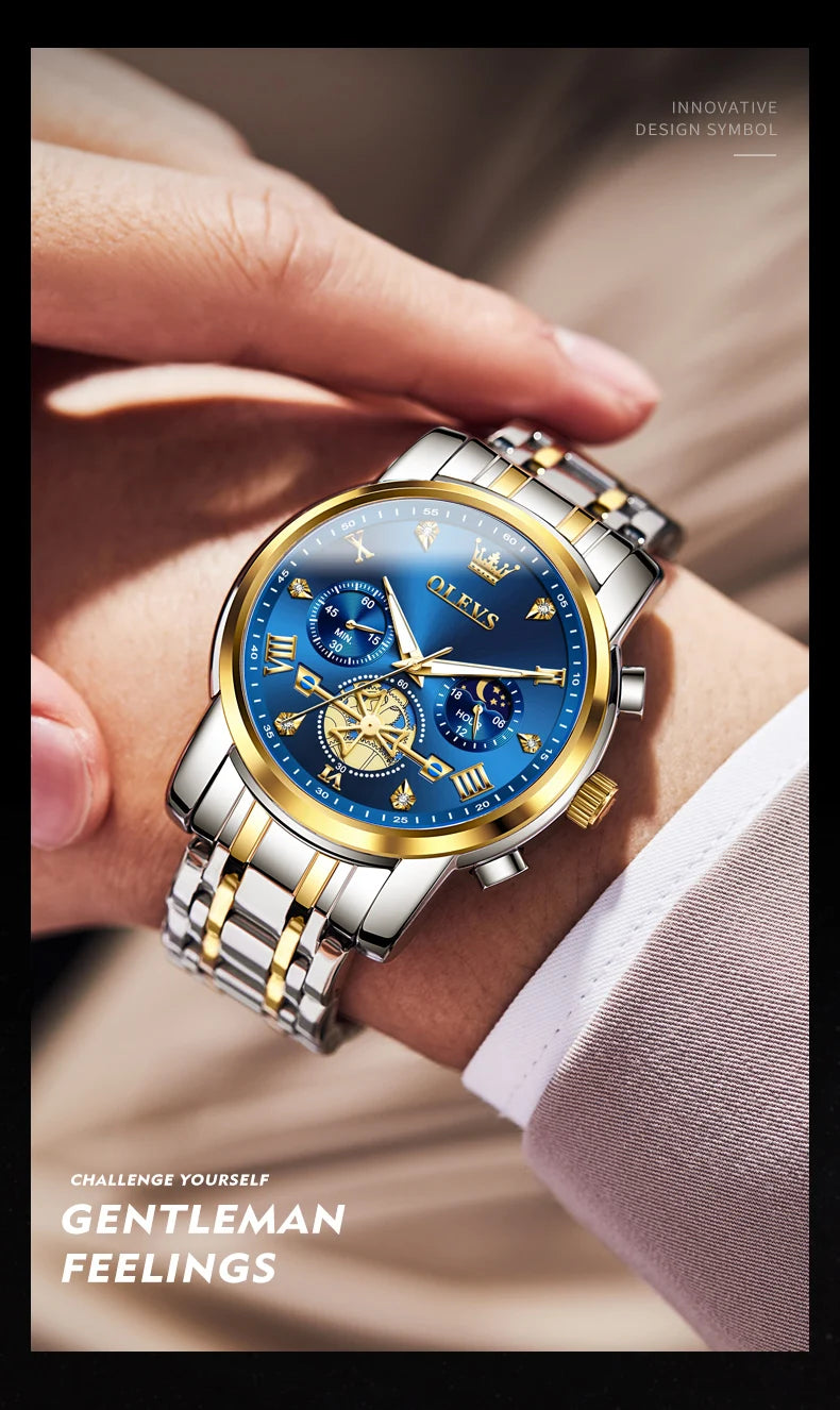Gold Otto OLEVS Men's Classic Chronograph Moon Phase Quartz Wristwatch – Waterproof Luxury